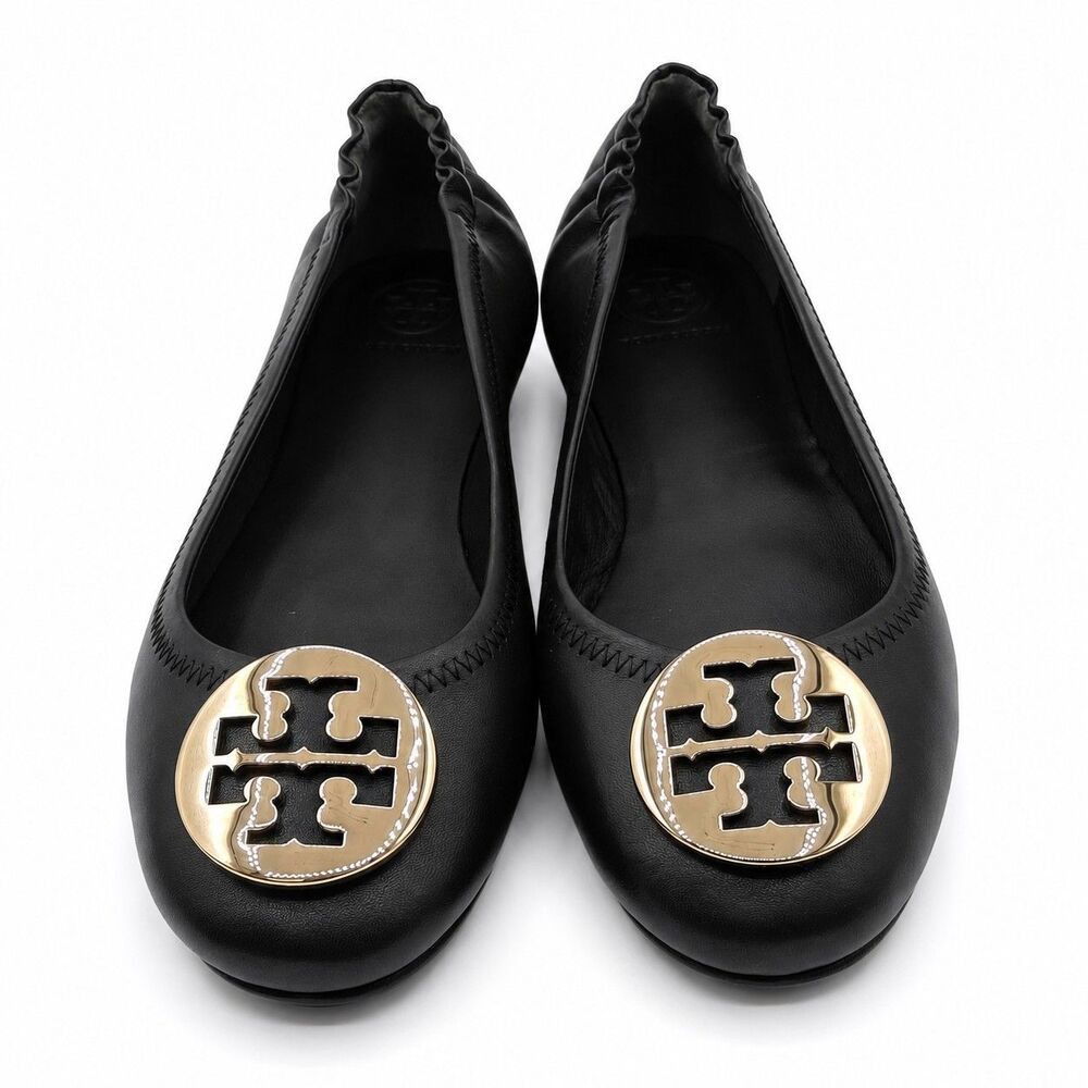 Tory Burch Minnie Travel Ballet Flats Women's 8 Black Gold Nappa Leather 50393 - Picture 6 of 7